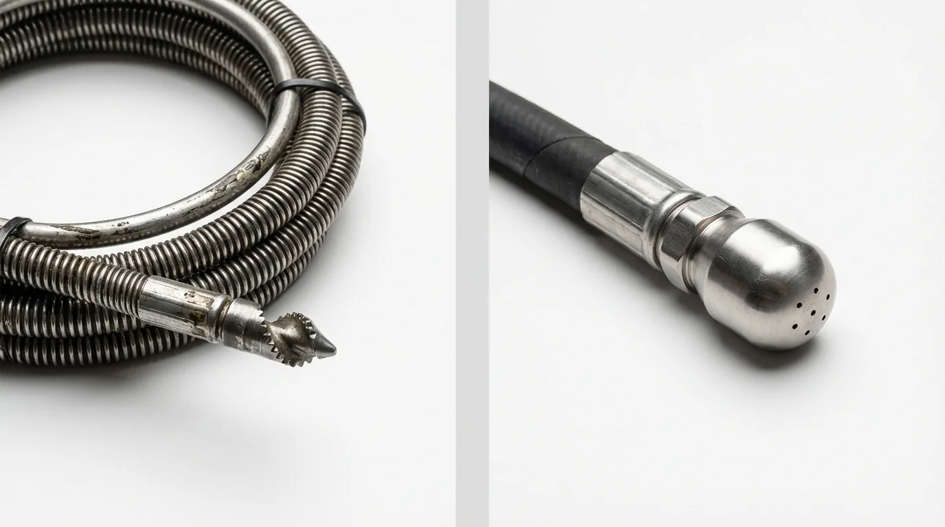 Drain snake cable and hydro jetting nozzle used for drain cleaning in Westfield, PA