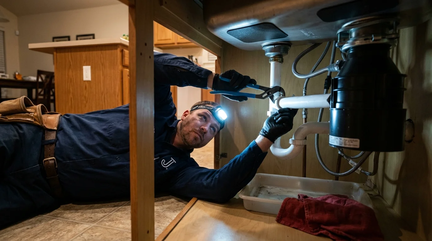 P-trap and supply line connections under a kitchen sink showing a common leak point in Westfield, PA